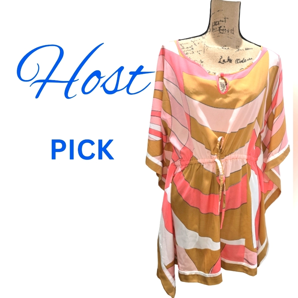New York & Co Retro-Inspired Pink & Gold Kimono Blouse w/Keyhole Detail -- XL